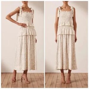 House of Harlow 1960 Cream Floral Tiered Midi Dress Linen Blend‎ Tie Shoulder L